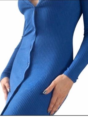 Bar III Ribbed Button-Front Long Sleeve Dress in Cobalt Blue